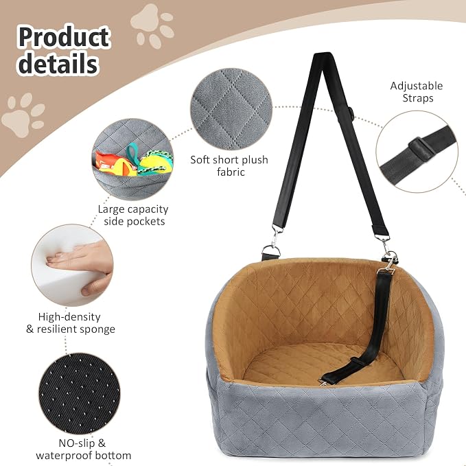 NEEZUKAR Dog Car Seat for Small Medium Dogs,Detachable Washable Dog Booster Seat Under 30lbs, Pet Car Seat Travel Bed with Storage Pockets and Dog Safety Belt(Grey/Brown) - Image 4