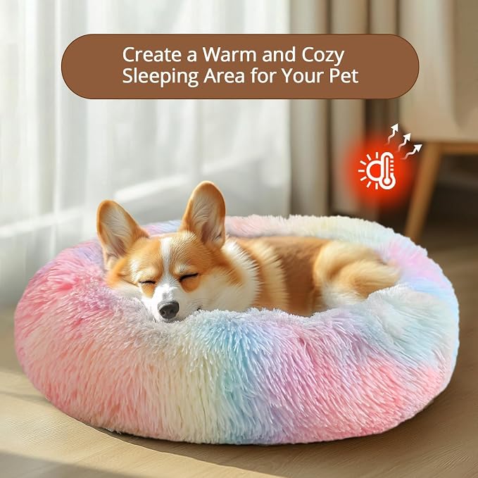 JOLLYVOGUE Calming Dog Bed Medium Size Dog, Anti-Anxiety Donut Medium Pet Bed, 27 inches Fluffy Faux Fur Round Cat Bed (Rainbow) - Image 4