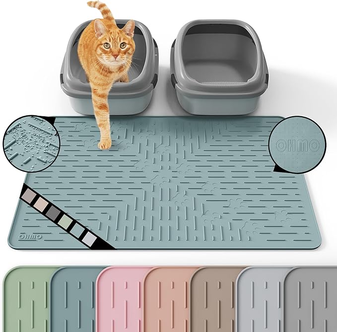 Large Cat Litter Mat, 31.5x23.6 Silicone Trapping Mat Light Blue | for Kitty Litter Box, Easy Clean, BPA Free Rubber, Center Litter Collection, Easy Pour-Back, Waterproof, Odor-Resistant by OHMO