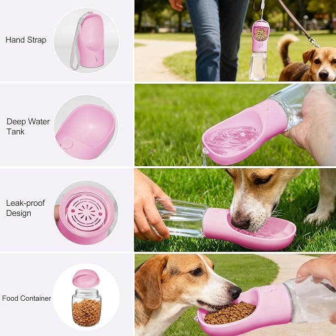 Portable Dog Water Bottle with Food Container, Drinking Bottle for Travel | 2 in 1 Dog Water Bowl, Leak Proof Pet Water Dispenser, BPA Free, Puppy Essentials, for Walking Hiking (Pink,19oz) - Image 6