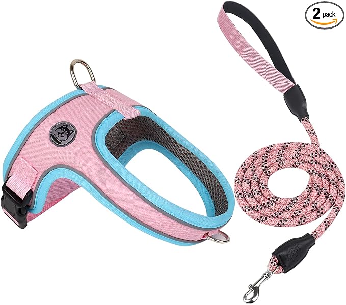 Dog Harness and Leash Set, No Pull Saddle Style Pet Harness, Breathable Mesh Adjustable Reflective Dog Vest for Medium Small Dogs Harness 2 D-Rings, Pink, S by Mengbeitribe