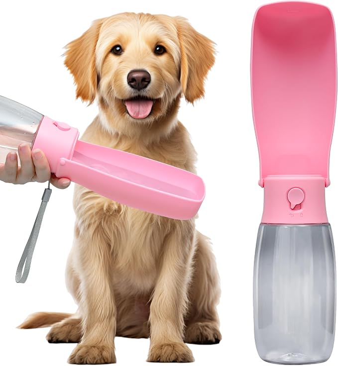 Portable Dog Water Bottle 19oz Pink | Foldable pet water dispenser, food grade plastic, ease to use for outdoor walking, hiking, travel by VEPOUYUDIRECT