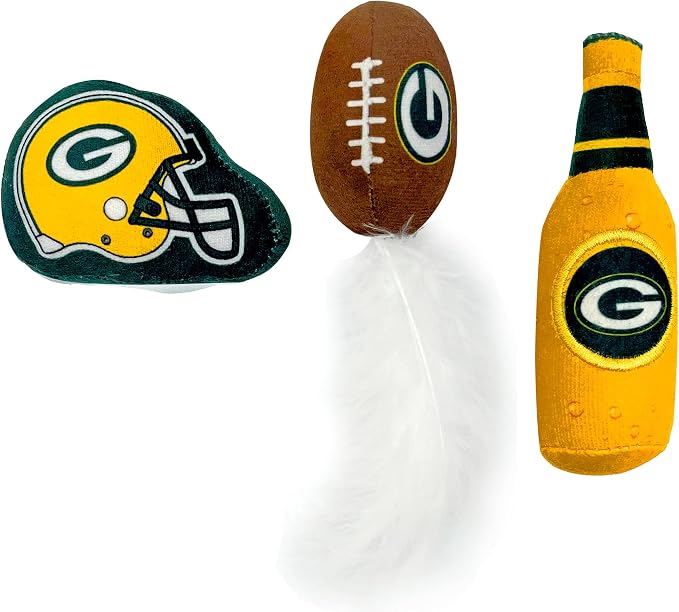 BEST PLUSH CAT TOY - NFL GREEN BAY PACKERS Complete Set of 3 piece Cat Toys filled with Fresh Catnip. Includes: 1 Helmet Cat Toy, 1 Football Cat Toy with Feathers & 1 Beer Bottle. Beautiful Team LOGOS - Image 6