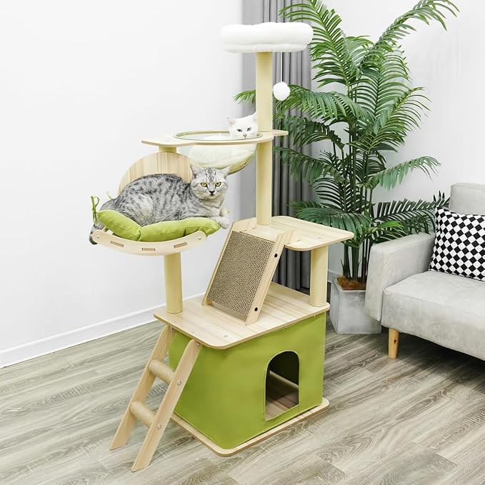 59.1-Inch-Green Cat Tree for Indoor Cats Large Adult, with Cat Condos,Cat Scratchers,Cat Hammock,Space Capsule, Plush Jumping Platform,Hanging Ball,Cat Trees for Indoor Cats(Green/Log Color) - Image 7