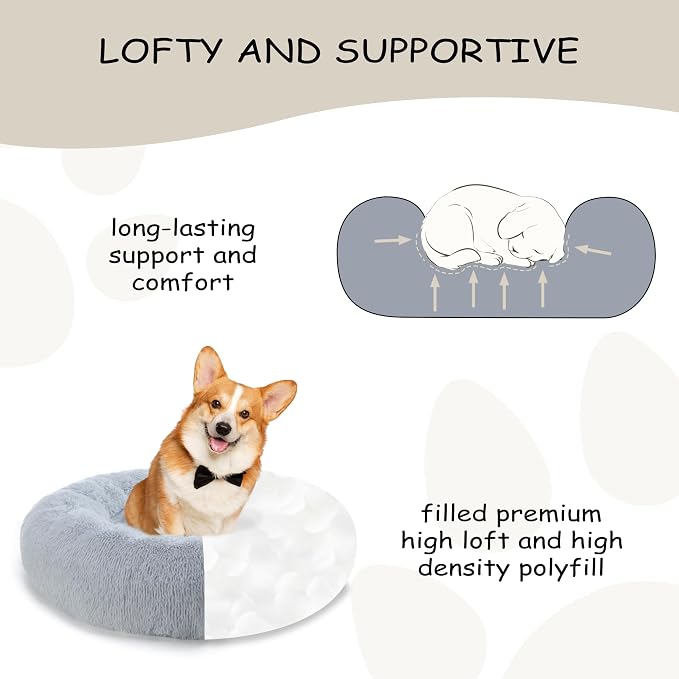 Bunlitent 23 inch Calming Dog Bed, Donut Dog Bed for Small Sized Dog, Grey | Plush Anti-Anxiety, Donut Shape, Warming Cozy, Round Cuddler Nest, Soft Cute,Marshmallow Cuddler Nest Pet Bed - Image 3