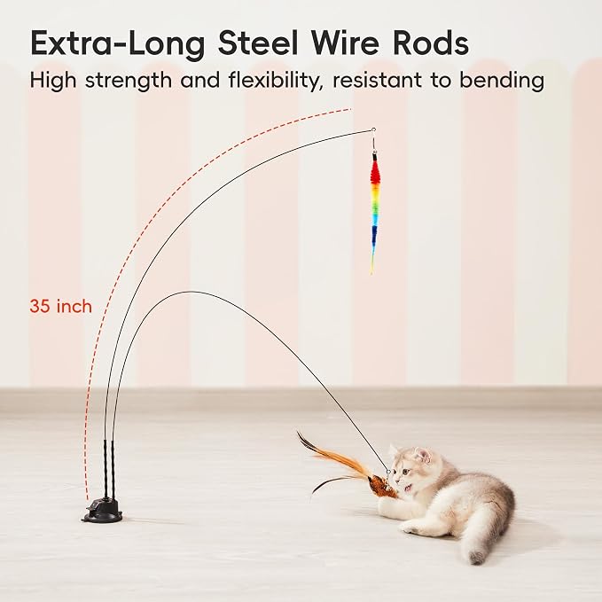Potaroma Suction Cup Cat Wand Toys, Dual-Wand Interactive Kitten Toy | For Indoor Cats with 5 Pcs Feathers Balls Attachments, Charcoal Base - Image 4