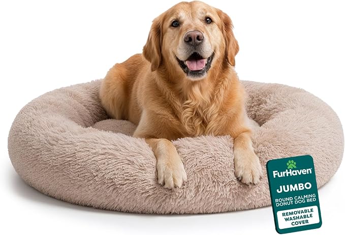 Furhaven 45" Round Calming Donut Dog Bed for Large Dogs, Refillable w/ Removable Washable Cover, For Dogs Up to 90 lbs - Shaggy Plush Long Faux Fur Donut Bed - Taupe, Jumbo/XL by FurHaven