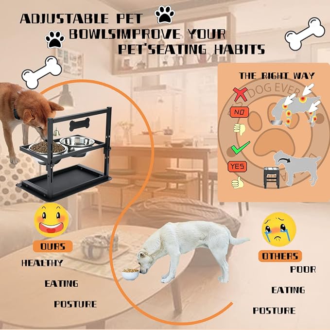 Elevated Dog Bowls, Raised Stand for Large and Medium Dogs, Adjustable Height With Two 58oz Stainless Steel Food Bowls and Spill Proof Mat - Image 6