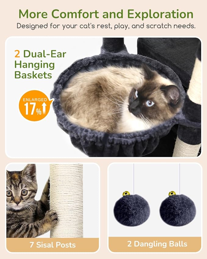 Globlazer 74in Heavy Duty Cat Tree Tower for Indoor Large Cats Adult, S74 | Sturdy Cat Tower with 7 Scratching Posts, 2 Widened Padded Condos for Big Cats, Dual-Ear Baskets, Enlarged Perch, Dark Grey - Image 4