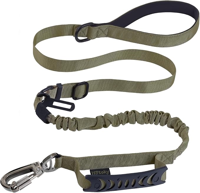 Hotsky Tactical Bungee Shock Absorbing No Pull Dog Leash,Army Green,4-6FT | Heavy Duty for Medium Large Dogs That Pull up to 660 lb,with Padded Double Handle ＆ Car Seatbelt,360°Rotating Locking Clasp by Hotsky