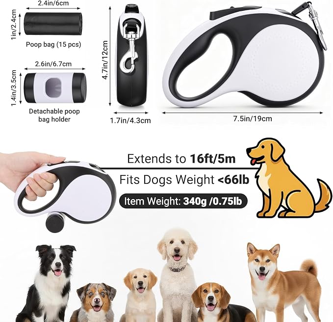 Segarty 16 Ft 360°Tangle-Free Leash with Detachable Poop Bag Holder, Retractable Lead for Dogs up to 66 lbs, 5m Long Walking Leash for Pets Outside with Anti-Slip Handle & One-Handed Brake Pause Lock - Image 2