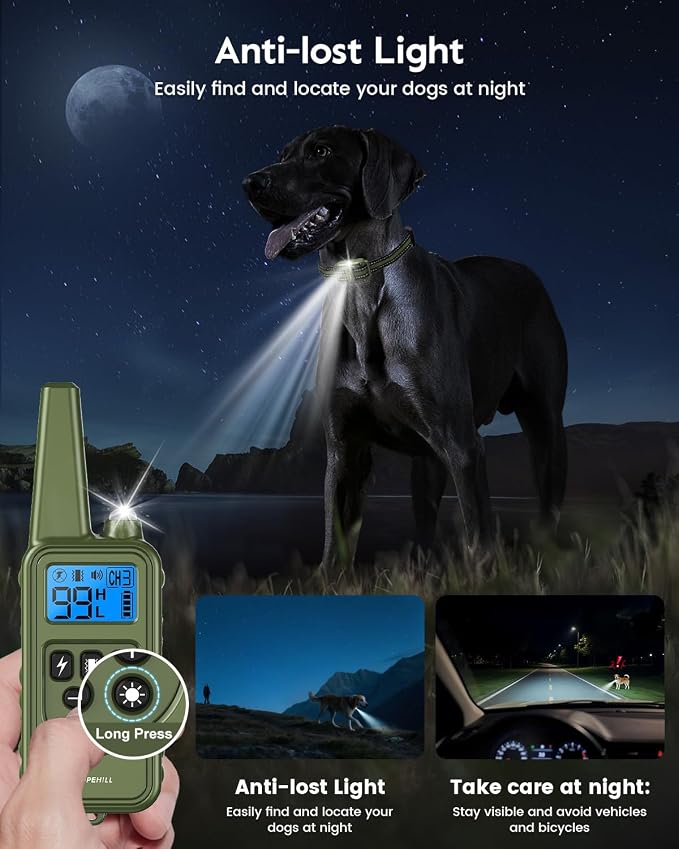 SLOPEHILL Dog Training Collar,4200FT Remote Shock Collar for Dogs 8-140lbs | IP68 Waterproof e Collar with Beep, Vibration, Safe Shock, Light ,No Shock Modes,Dog Collar with Removable Prongs,Dark Green - Image 3