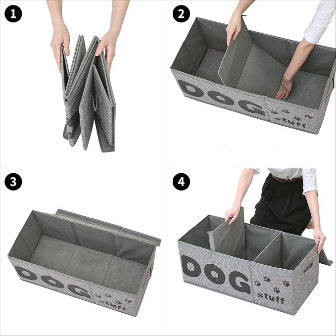 Qozary Dog Toy Storage Box - 3 Grids Large Dog Toy Basket and Storage Bin With Lid for Pet Supplies, Perfect To Keep Everything Organized - Image 4