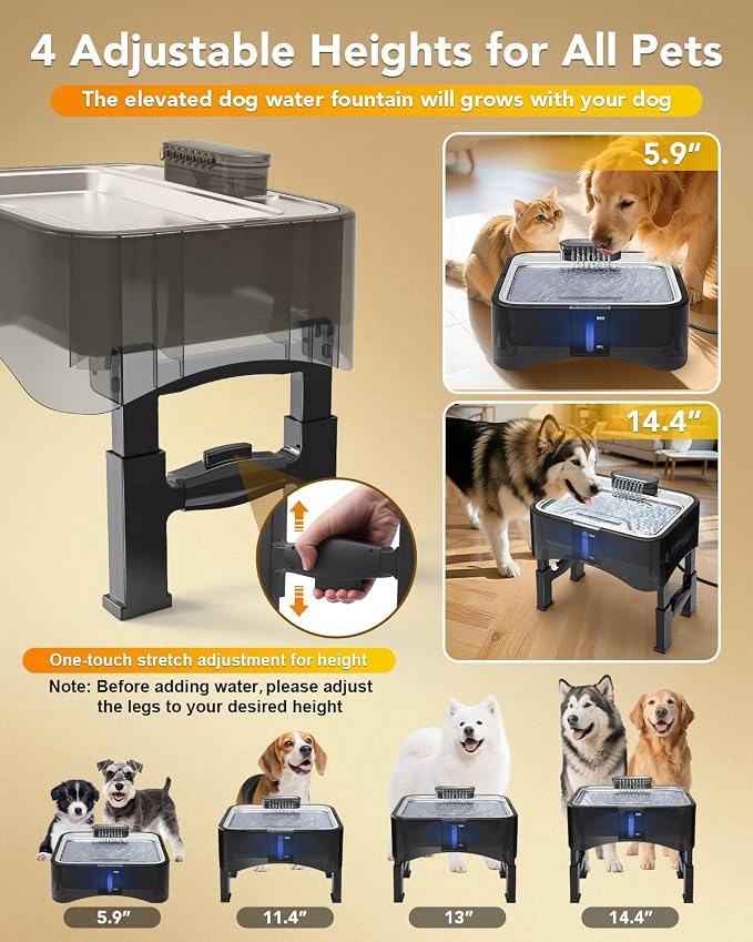 UPSKY 8.5L Elevated Dog Water Fountain with 4 Heights Adjustable, Black | Larger Dog Water Dispenser, 304 Stainless Steel Tray, 5-Layer Filtration, Anti-skid, for Senior/Large Dogs & Multi-pet Homes - Image 3