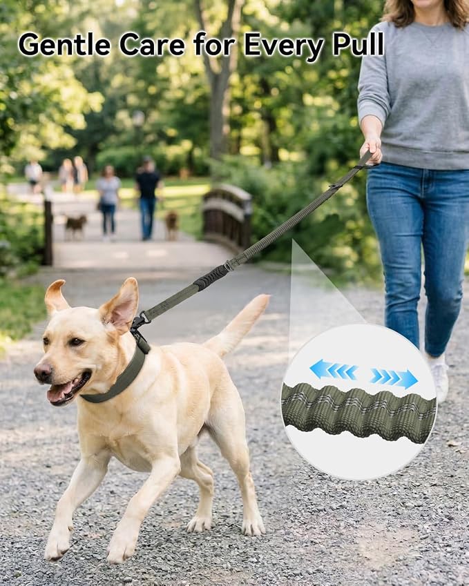 Joytale Tactical Bungee Dog Leash, Shock Absorbing No Pull, Army Green | for Large Dogs That Pull, 2 Padded Handles for Control, Car Seatbelt Clip, Reflective for Night Safety, Metal Frog Clip - Image 3