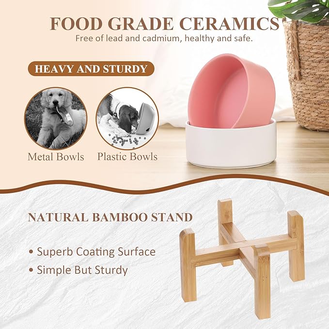 Ceramic Elevated Dog Bowl with Bamboo Stand, for Small & Medium Dog, Yellow - Image 4