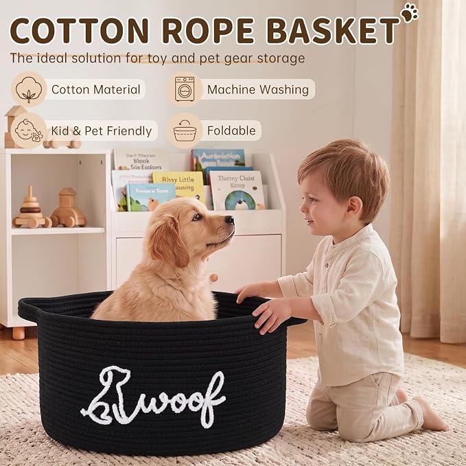 OIAHOMY 22L Large Dog Toy Basket, 16.5"x11.4"x9" Cotton Rope Basket with Cute Woof Embroidery, Soft Woven Pet Toy Box with Handles for Blankets, Leashes & Puppy Accessories, Decorative Organizer Black - Image 6