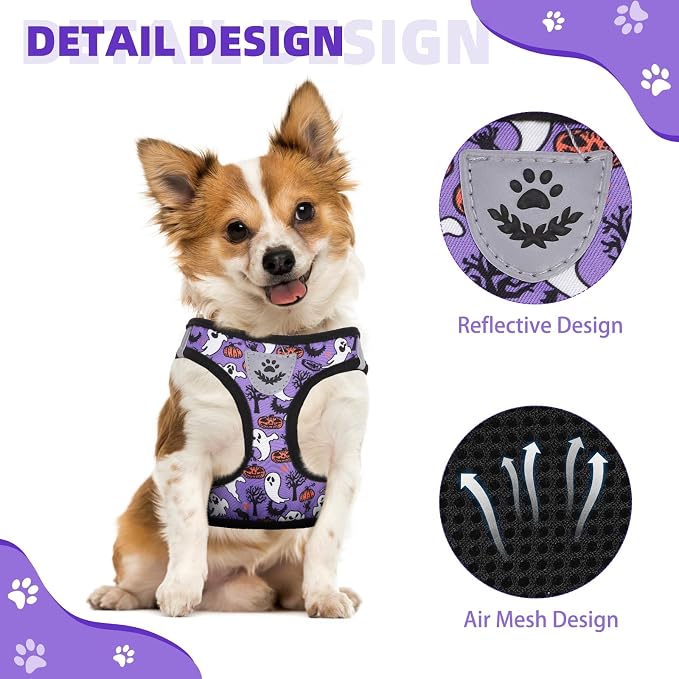 KOOLTAIL Halloween Dog Harness and Leash Set for Small Medium Dogs, Step in No Pull Soft Mesh Harness Comfort Padded Pet Vest, Adjustable Reflective Easy Walking Puppy Cats Harness Training, Ghost S - Image 4