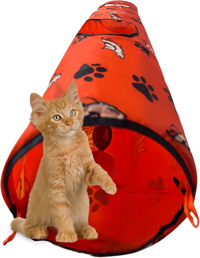 NFL Denver Broncos Cat Tunnel Tube Toy with Plush Football Catnip and Feathers Collapsible Tunnel for Cats to Play, Peek and Hide, Sporty & Fun Cat Tunnel Toy with Team Logo All-Over Design! - Image 2