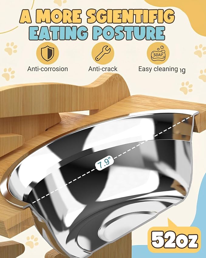 Jovrun Elevated Dog Bowls, Adjustable Raised Dog Bowl Stand for Medium Large Size Dogs, 15°Tilted Elevated Dog Bowls, Durable Bamboo Dogs Feeder with 2 Stainless Steel Bowls and Non-Slip Feet - Image 4