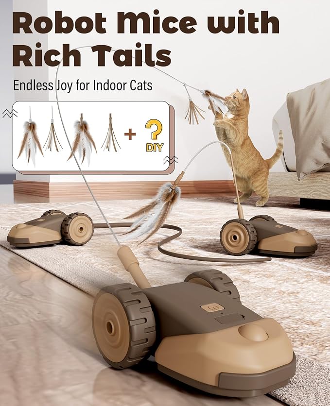 CYROS 3-in-1 Interactive Cat Toy - 2-Speed Automatic Moving Mouse Cat Toys Self Play with 2pcs Hanging Feather String Ribbon and Wiggly Silicone Mice Tail for Bored Indoor Adult Cats Kittens - Image 2