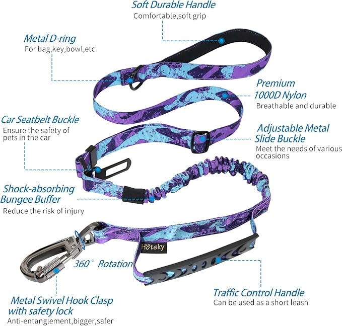 Hotsky Tactical Bungee Shock Absorbing No Pull Dog Leash,Purple Camo,4-6FT | Heavy Duty for Medium Large Dogs That Pull up to 660 lb,with Padded Double Handle ＆ Car Seatbelt,360°Rotating Locking Clasp - Image 2
