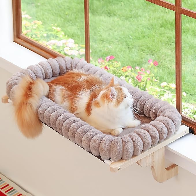 Zakkart SnugCloud Cat Window Perch with 4-Sided Bolster - Orthopedic Cat Hammock for Window Sill - Solid Hardwood & Metal Frame - Window Seat for Pets (Natural Color Wood w/Brown Bed, Medium) by Zakkart