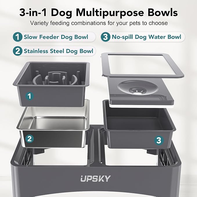 UPSKY 3-in-1 Elevated Dog Bowls Set with 4 Height Adjustable Stand, Gray | 304 Stainless Steel Bowl, No Spill Water Bowl, Slow Food Bowl, Anti-Slip, Dishwasher Safe, Suitable for Small Medium Dogs - Image 3