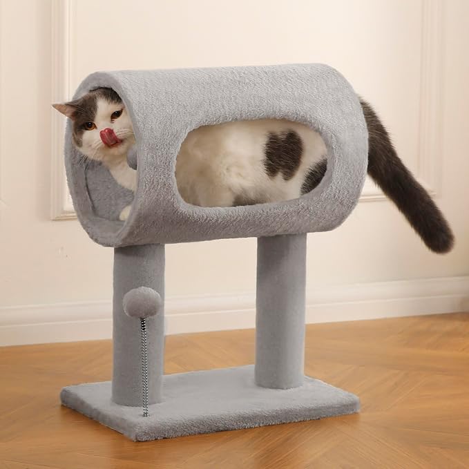 Cat Craft 20.5" Cat Tree, Small Cat Scratching Post with Tunnel, Grey | For small cats under 7 lbs. Soft plush fabric, light scratching use only, not heavy sisal material. - Image 5