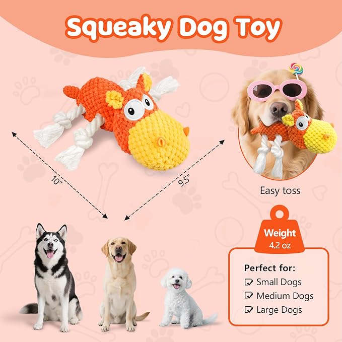 TOOPTATE Hippo Squeaky Dog Toy, Yellow Orange, Medium | Cute Plush Design, Rope Legs for Tugging, Helps Keep Dogs Busy, Suitable for Small, Medium, and Large Dogs - Image 3