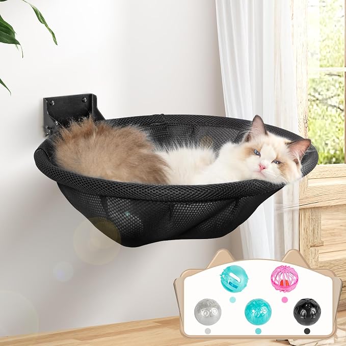 Cat Hammock Wall Mounted, Foldable & Stable Cat Beds- Breathable Cat Wall Shelves for Sleeping, Playing, Climbing, and Lounging - Maximum Hold Up to 30lb (Black) by JUNSPOW