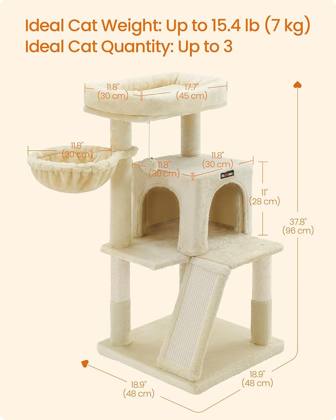 Feandrea Cat Tree, 37.8-Inch Cat Tower, Multi-Level Condo with Widened Perch, Scratching Posts and Ramp, 2-Door Cave, Hammock, Beige UPCT51M - Image 5