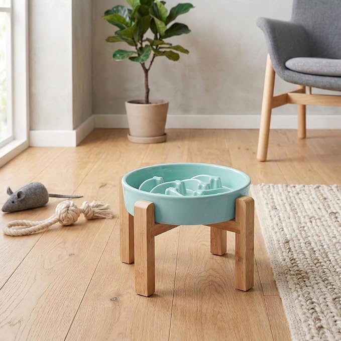 Elevated Ceramic Slow Feeder Dog Bowls Anti-Choking Slow Feeding for Medium& Large Anti-Slip Non-Lead & Toxic Durable Easy to Clean Maze Slow Feeder Bowl（8.66in Mint Blue Stars Pattern） - Image 7