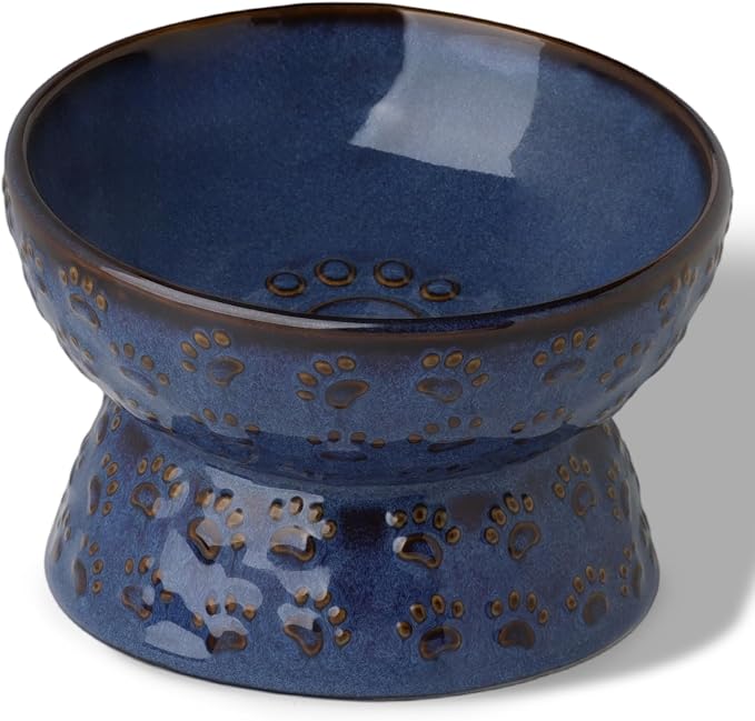 Ceramic Tilted Elevated Small Cat Bowl, for Fat Faced Cat, Kitten, Blue | 15° Tilted Elevated Design,5oz Small Meal Capacity,Chin-Friendly Ceramic,Paw Print by GDCZ