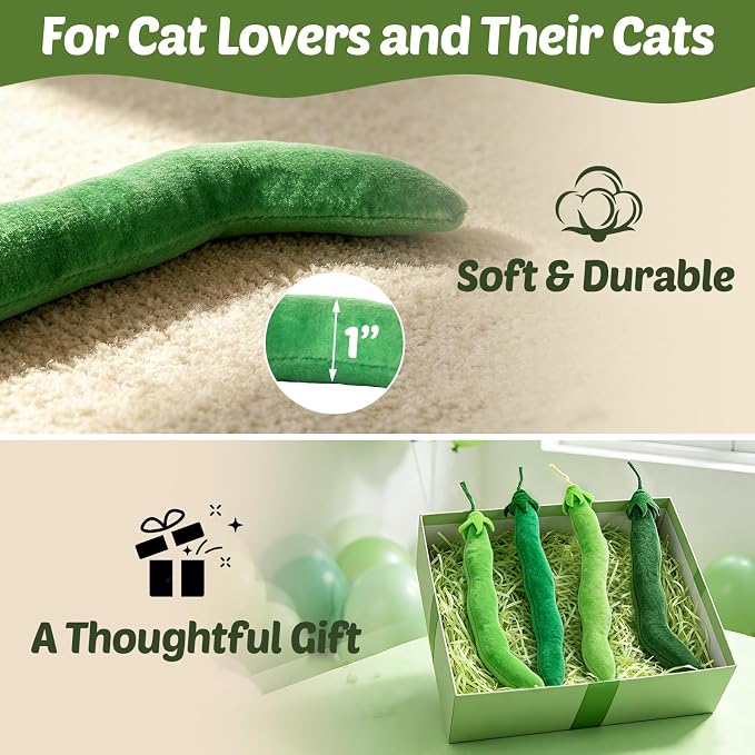CiyvoLyeen Plush Green Bean Catnip Toys for Indoor Cats 4 Pack | Cat Chew Kicker Toys, Boredom Relief, Interactive Play, Soft Durable Plush with Catnip, Funny Gift for Cat Lovers & Kitten - Image 6