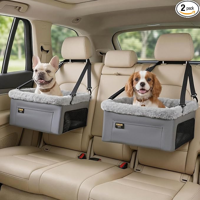 Conlun 2-Pack Dog Car Seat | Steel Frame Anti-Collapse | Small Pet | Grey | Heavy-duty Oxford | Rigid Skeleton Stops Wobbling | Leash Prevents Escapes | Elevated Pet Booster for Calm Car Trips by Conlun