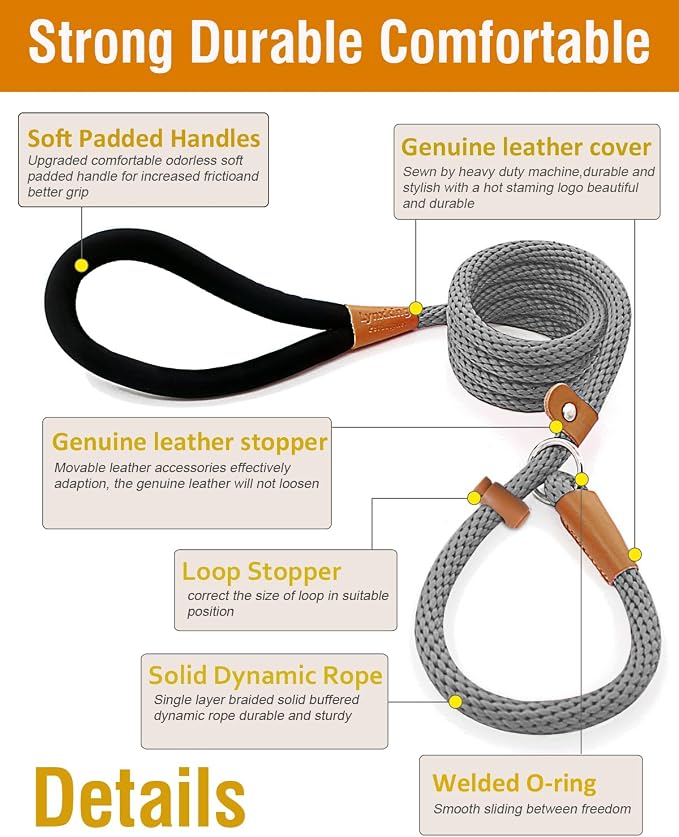 Dog Leash Slip Lead Braided Rope Pet Training Loop Leashes 5ft 6ft 8ft | Lynxking Strong Heavy Duty 1/2" 3/8", Durable Padded Handle No Pull Basic Training Nylon Lead,Small Medium Large Dogs Puppy - Image 2
