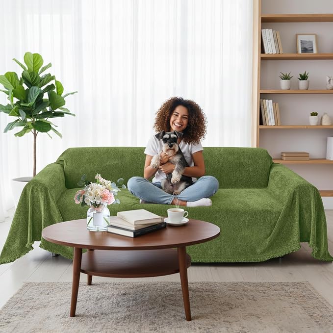 Smiry Couch Cover for Dogs, Chenille Sofa Covers for 3 Cushion Couch | Washable Soft Sofa Slipcover for Pets, Thick Sectional Furniture Protector with Tassels (Green, 71x150 Inch) - Image 12