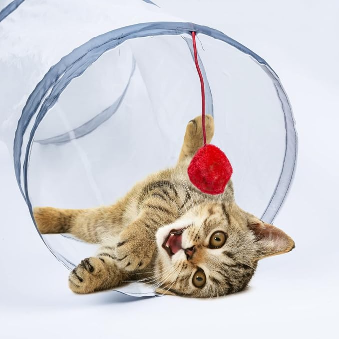 Sheldamy Cat Tunnel, 2-Way Cat Tunnels for Indoor Cats, Collapsible Cat Play Tunnel, Interactive Toy Maze Cat House with 1 Play Ball for Cats, Puppy, Kitty, Kitten, Rabbit (White & Grey) - Image 6