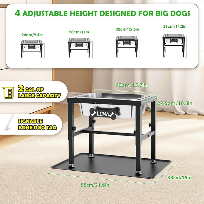 2 Gallon Elevated Dog Water Bowl for Large Dogs with Spill-Proof Mat, 4-Height Adjustable Raised Dog Water Bowl Stand (9.4-14.2'') with Stainless Steel Bowls for Indoor/Outdoor - Image 3