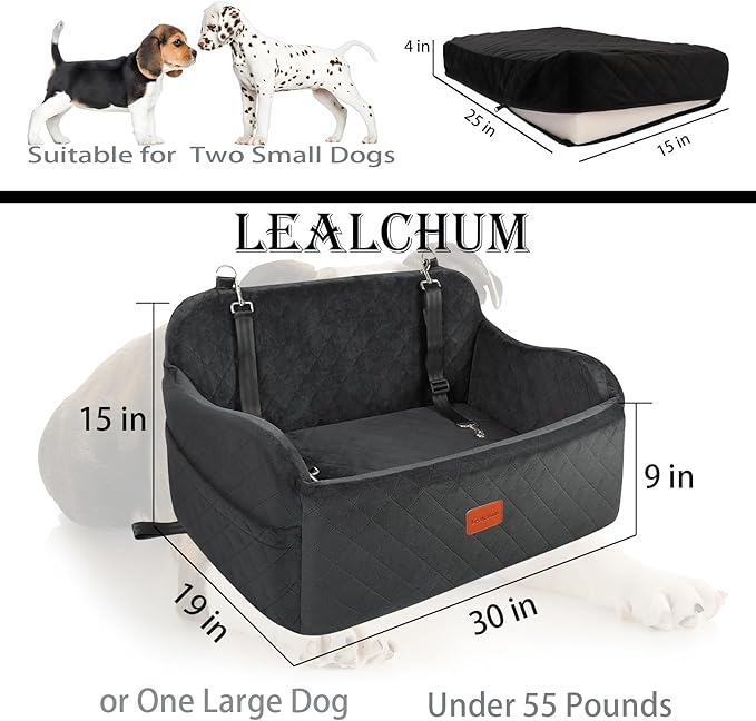 Lealchum Large Dog Car Seat,Memory Foam Cushion Car Seat for 2 Small Dogs,Comfy Car Dog Bed with Side Pocket and 2 Clip-On Safety Leashes,Easy to Install Cars Seat for Dogs(Black, Large) - Image 2
