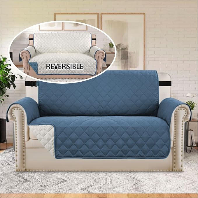 H.VERSAILTEX Loveseat Slipcover Reversible Loveseat Cover Seat Width Up to 46" Water Resistant Couch Cover with Elastic Strap Quilted Furniture Protector for Pets(Loveseat, Dark Blue/Beige) - Image 3