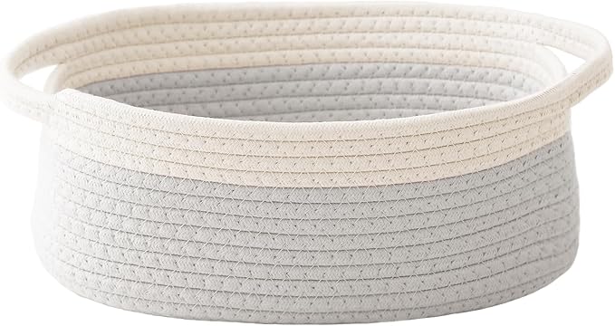 JMvicyroam Small Woven Basket, Empty Gift Basket, White&Grey/1 Pack | Small Gift Basket, Cotton Rope, 12 x 8 x 66 in, Handles, Includes Ribbon and Bag, Birthday Gift Basket by JMvicyroam
