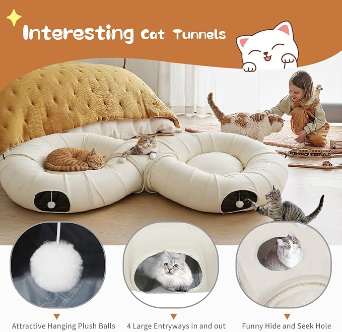 Pawaboo 2-in-1 Cat Tunnel Bed, 8-Shaped Cat Tunnels, Beige | Foldable Cats Cave Hideout Kitty Toys with Fluffy Balls, Donut Tunnel for Kitten Rabbit Ferret - Image 4