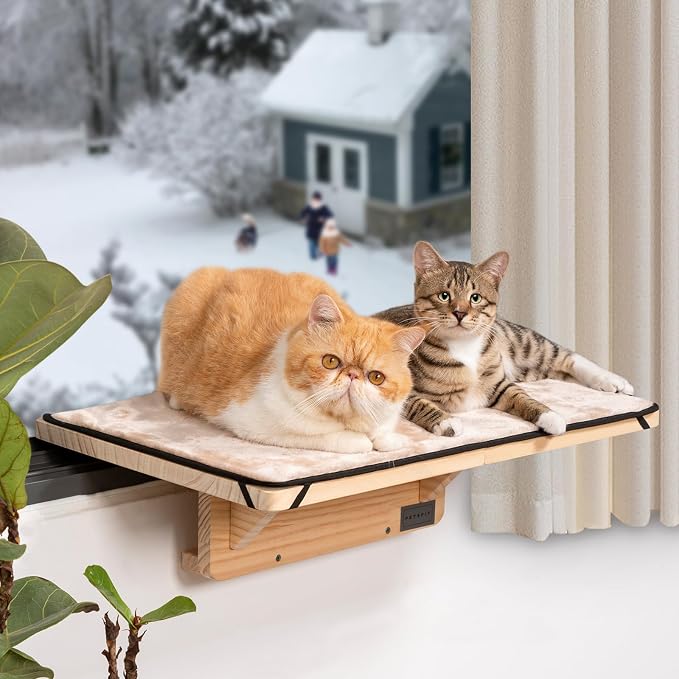 Petsfit 2 Cats Design Cat Window Perch, Natural Wood with Removable Fleece Mat Space Saving Cat Window Seat for Cats by Petsfit