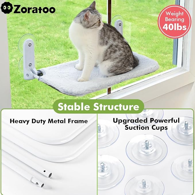 Zoratoo 2PC Cat Window Perch, Foldable & Cordless with Metal Frame, L Gray | 2-in-1 Reversible Cover, Removable for Machine Wash, Stable Window Resting Seat with Large Suction Cups for Indoor Cats - Image 3