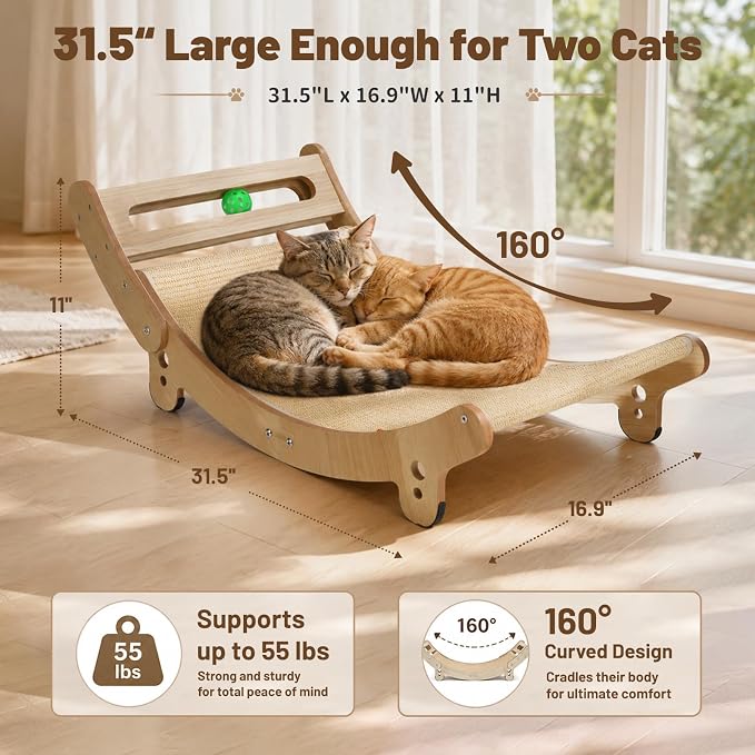 31.5" Sisal Cat Scratcher Bed with Bell Balls Wooden Cat Furniture(XXL) | Cat Scratching Post for Indoor Cats Hammock.Natural Sisal Cat Scratch.Anti Slip and Stable Without Shaking.Easy to install - Image 2