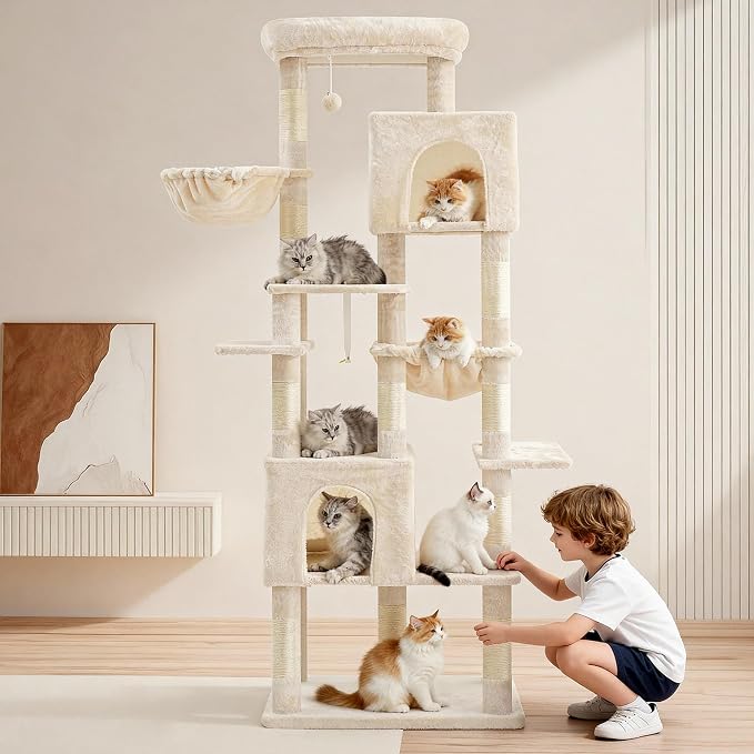 Heybly Cat Tree, 76-Inch Tall Heavy Duty Cat Tower for Big Cats HCT039M | Multi-Level Large Cat Furniture with Extra Wide Baseboard, 2 Condos & 2 Hammocks, 10 Scratching Posts, Beige - Image 10