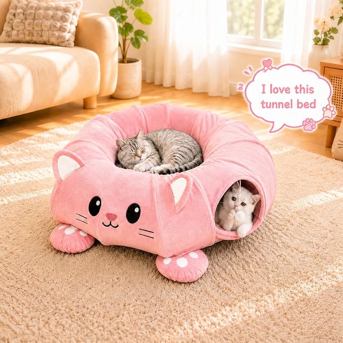 Cat Tunnel Bed with 21 Interactive Toys | Kitten Bed with Collapsible Tunnel for Indoor Cats, Cute Play Tube with Enrichment Toys (Pink, Kitten Pattern) - Image 6