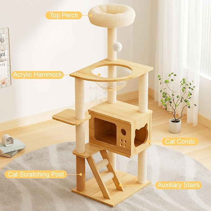Modern Cat Tower, Wood Cat Tree Tower for Indoor Cats, Cat Tree with Sisal-Covered Scratching Posts and Soft Top Perch, 48.8'' Cat Condo with Acrylic Hammock for Small Large Cats - Image 2